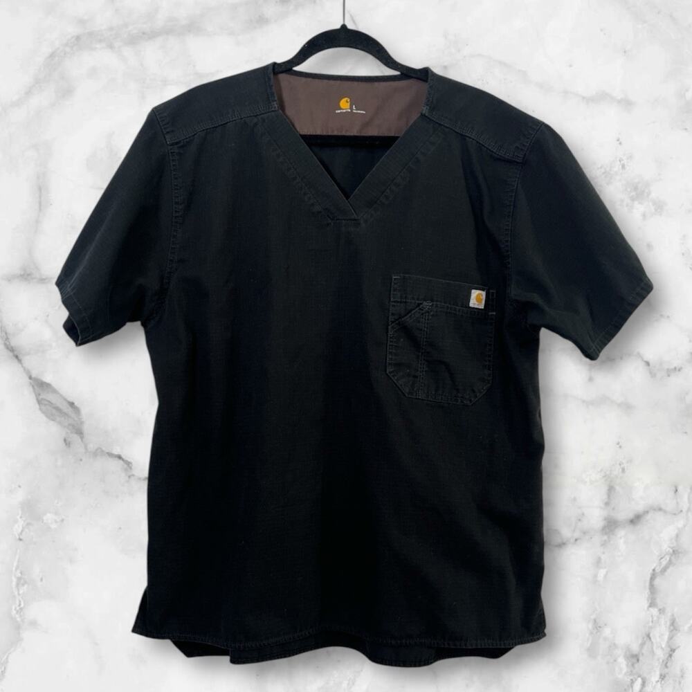 Carhartt Scrub Top Mens LARGE Black V-Neck Utility Medical Front‎ Chest Pocket